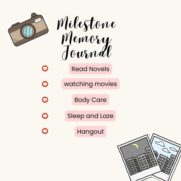 Milestone Memory Journal with activities listed and a camera icon on a white background