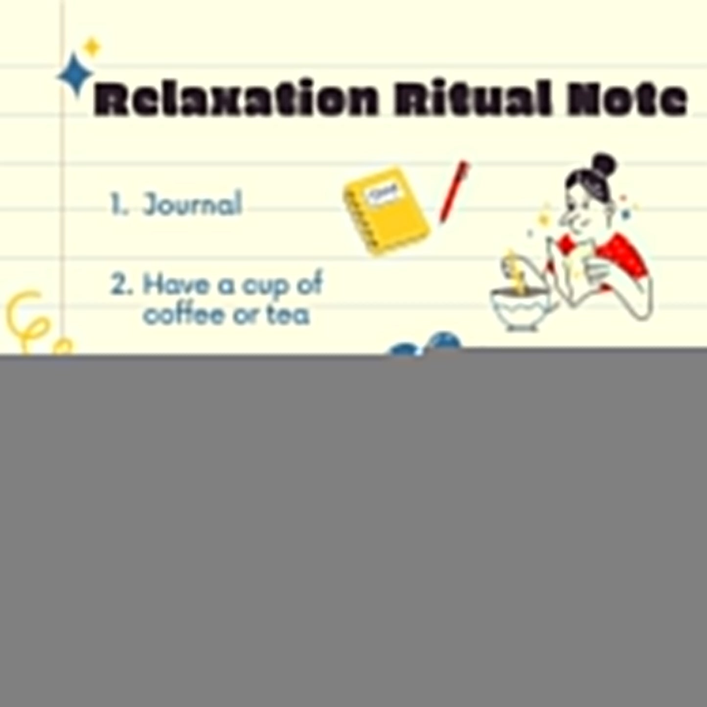 Illustration of a relaxation ritual with a journal, coffee cup, and person sitting.