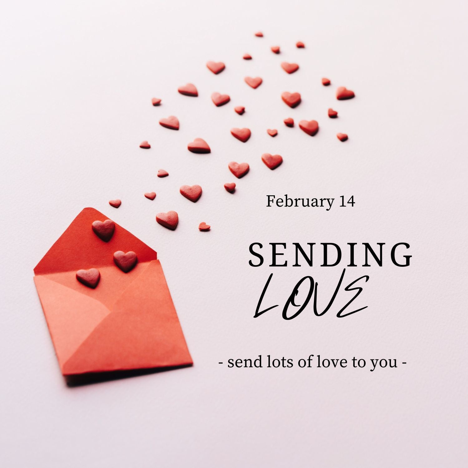 Red envelope with hearts and text 'Sending Love' on a light pink background